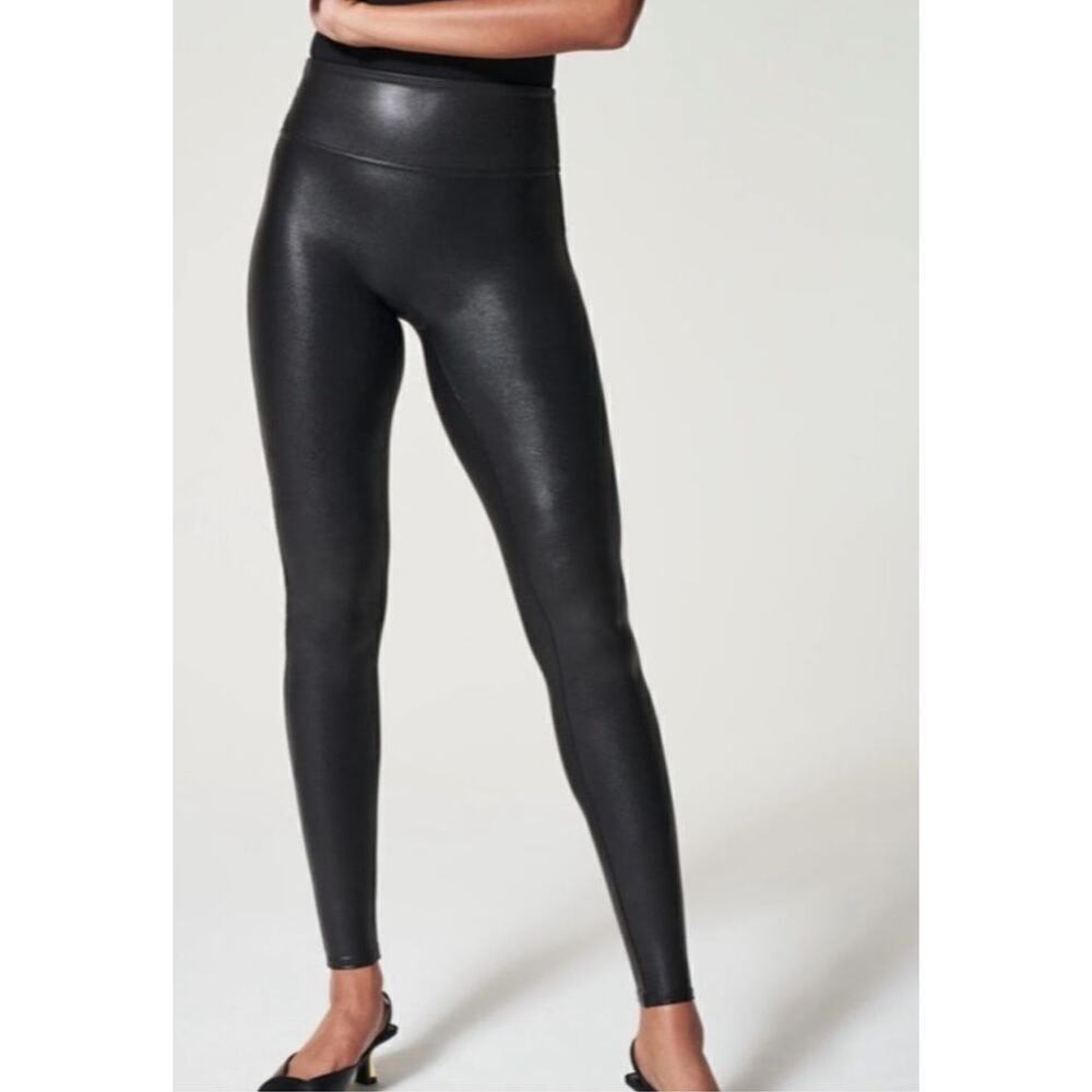 Spanx Faux Leather Leggings High Waisted Smoothing Sleek Black Size XS